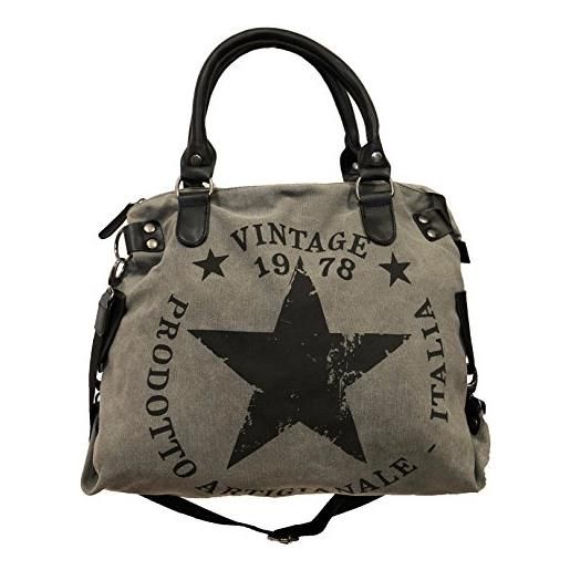 JameStyle26, star bag vintage, borsa da donna in stile vintage con stella stampata sopra e manici, shopper alla moda, in tela, grigio (grau), maße: l: 45cm h: 42cm b: 18cm