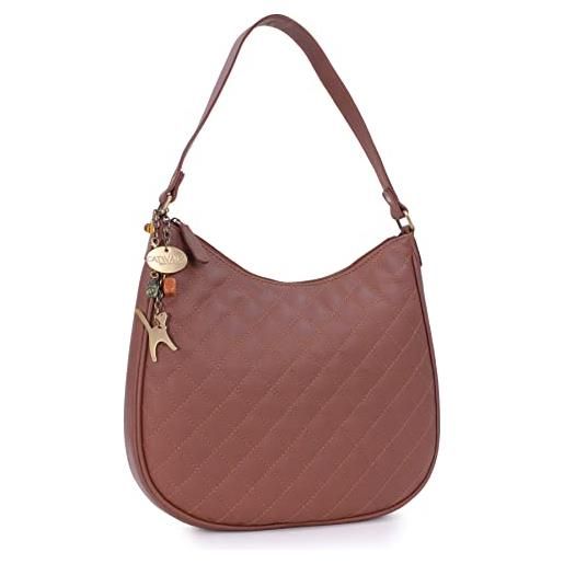 Catwalk Collection Handbags - vera pelle trapuntata - borsa a spalla/borse a mano/hobo - con ciondolo a forma di gatto - olivia - marrone chiaro