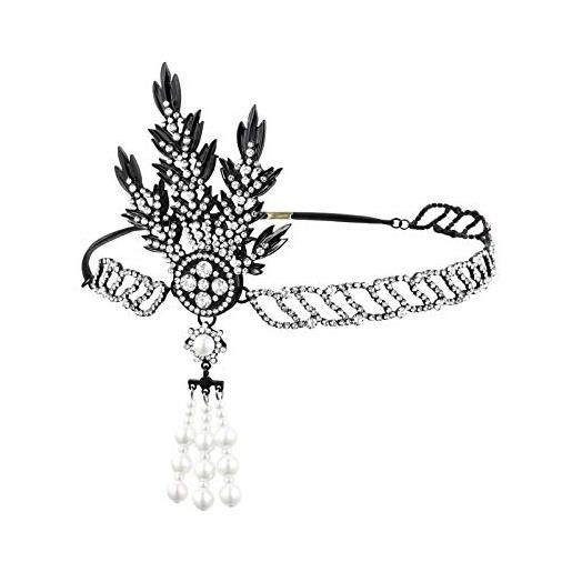 Lurrose - fascia per capelli anni '20 con strass e foglie di perle per matrimonio, stile vintage anni '20, accessorio per capelli per matrimoni, balli e feste a tema