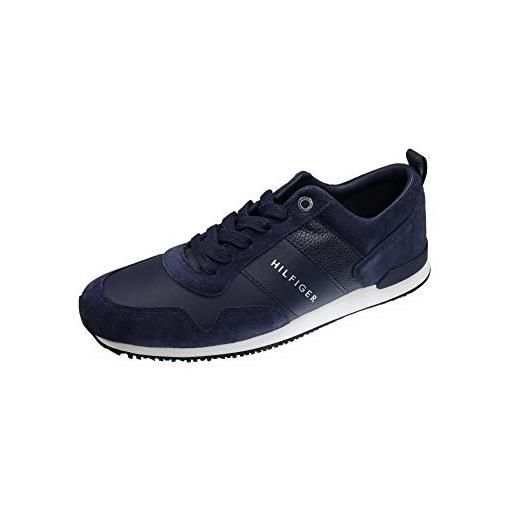 Tommy Hilfiger sneakers da runner uomo iconic leather suede mix runner scarpe sportive, blu (midnight), 44 eu