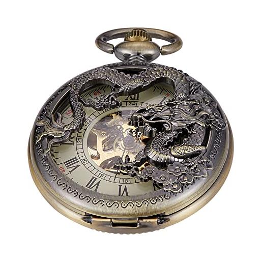 Tiong orologio da tasca meccanico a scheletro di drago in bronzo, orologio da tasca meccanico, orologi da tasca meccanici per regalo da uomo, mpw118-uk