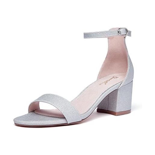 GENSHUO argento sandali donna sandali sexy con tacco e cinturino alla caviglia scarpe con tacco a blocco con punta aperta sandali con tacco medio grosso decolletè con tacco alto 37.5eu