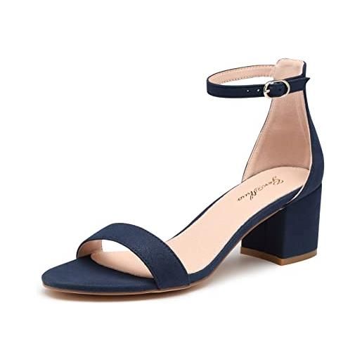 GENSHUO blu navy sandali con tacco grosso donna sandali elegant con cinturino alla caviglia e tacco a blocco punta aperta rotonda e tacco medio basso per matrimonio serale scarpe con tacco alto 37.5eu