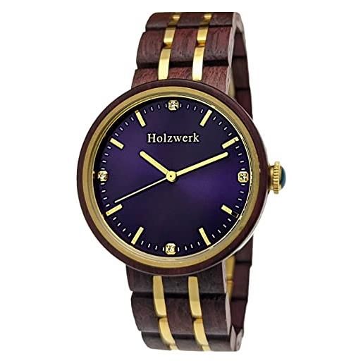 Holzwerk Germany® - orologio da donna realizzato a mano, in legno ecologico, colore: marrone, oro, viola, in legno, analogico, classico, al quarzo, bracciale