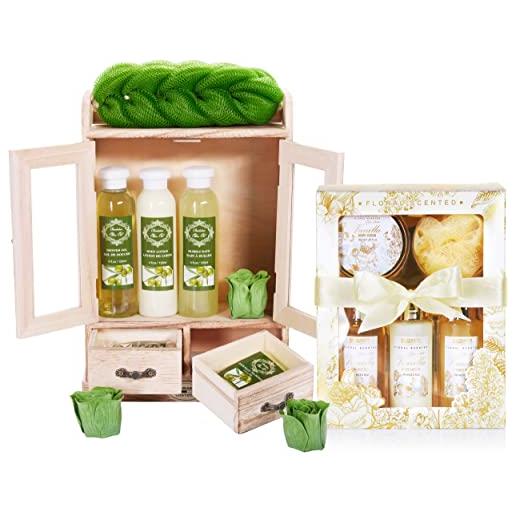 Brubaker cosmetics set di cura 2 in 1 - set di bellezza grande da 15 pezzi - signore set da doccia e da bagno - set regalo per donna con mobiletto in legno deco - vaniglia rosa menta