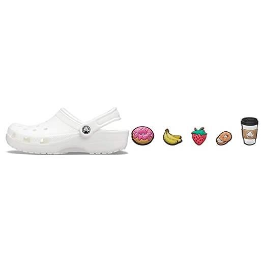 Crocs classic, sabot unisex adulto, bianco (white), 37/38 eu + shoe charm 5-pack, personalize with jibbitz for decorativi per scarpe unisex adulto, colazione, taglia unica