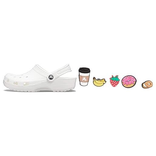 Crocs classic, sabot unisex adulto, bianco (white), 39/40 eu + shoe charm 5-pack, personalize with jibbitz for decorativi per scarpe unisex adulto, colazione, taglia unica