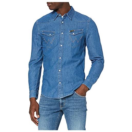 Wrangler uomo ls western denim shirt straight, blu (mid stone), xl