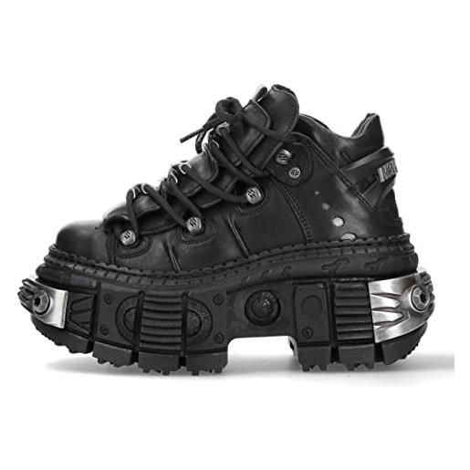 New Rock stivali unisex suola tank con lacci colore nero pelle/unisex black boots leather shoelaces m. Wall106-s10, nero , 44 eu