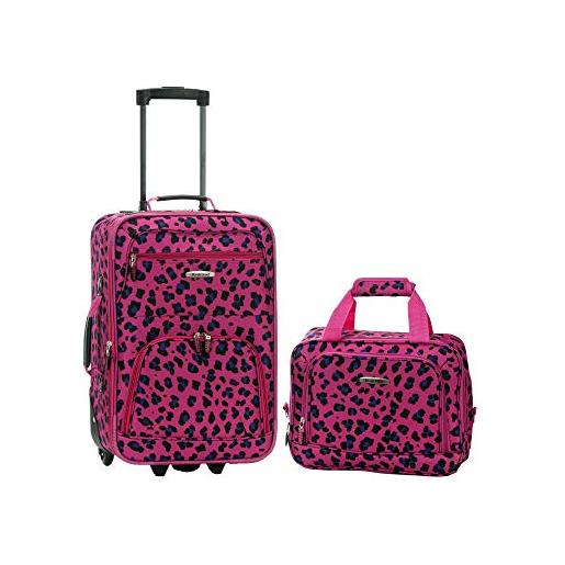 Rockland set di valigie verticali softside moda, leopardo magenta, 2-piece set (14/19), zaino per bambini