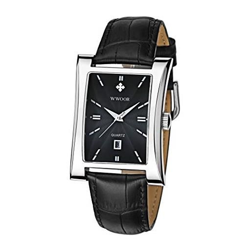 Allskid-Orologi allskid uomo orologi quadrante quadrato con calendario pelle pu cinturino quarzo orologi da polso (33mm, nero+argento)