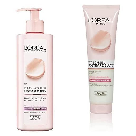 L'Oréal Paris - prezioso latte detergente, (400 ml) & gel detergente per fiori, con estratto di rosa e gelsomino, elimina le impurità e nutre la pelle (1 x 150 ml)
