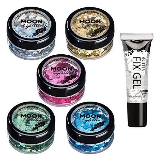 Moon Glitter glitter spesso olografico della Moon Glitter - 100% cosmetico per viso, corpo, unghie, capelli e labbra - 3gr - set di 5 colori