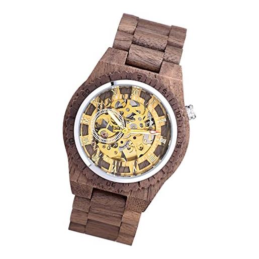 MicLee-moda orologio meccanico cavo quadrante in legno naturale, orologio al quarzo con cinturino in acciaio inox adatto per uomini e donne ultra-sottile moda casual