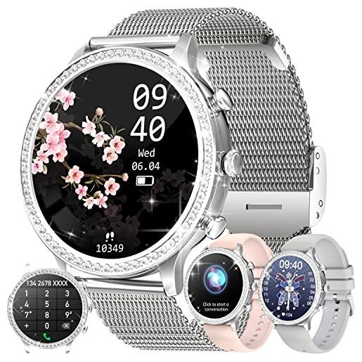 LWEARKD smartwatch donna chiamata bluetooth e risposta vivavoce, orologio fitness 1.32 smart watch con diamond/contapassi/cardiofrequenzimetro/spo2, impermeabil ip68 fitness tracker per android ios (argento)