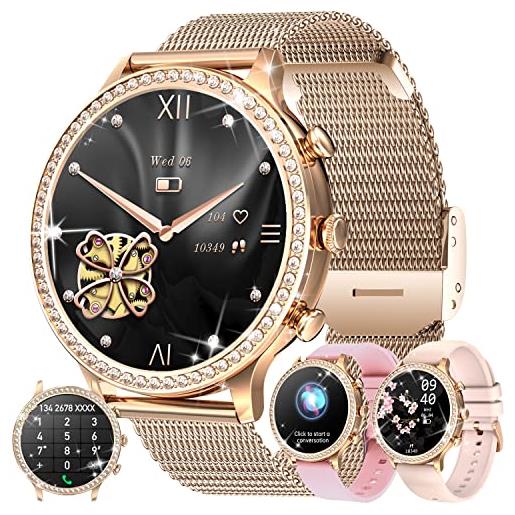 LWEARKD smartwatch donna chiamata bluetooth e risposta vivavoce, orologio fitness 1.32 smart watch con diamond/contapassi/cardiofrequenzimetro/spo2, impermeabil ip68 fitness tracker per android ios (oro)