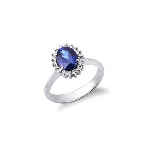 Gioielli di Valenza anello contorno in oro bianco 18k con diamanti e zaffiro blu ovale di circa 8x6 mm