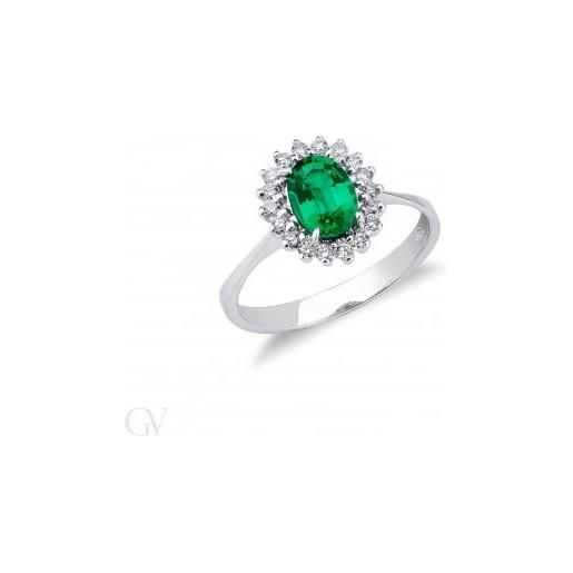 Gioielli di Valenza anello contorno in oro bianco 18k con diamanti e smeraldo ovale di circa 7x5 mm