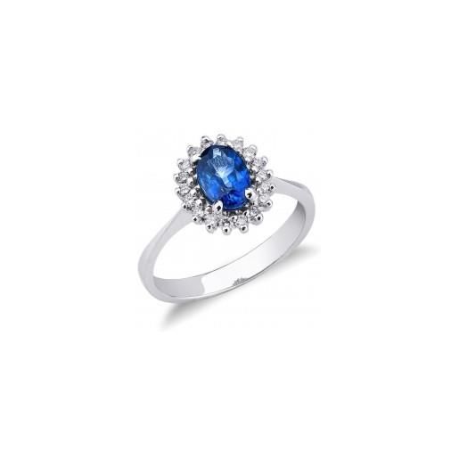 Gioielli di Valenza anello contorno in oro bianco 18k con diamanti e zaffiro blu ovale di circa 7x5 mm