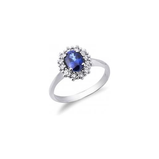 Gioielli di Valenza anello modello a contorno in oro bianco 18k con zaffiro blu e diamanti
