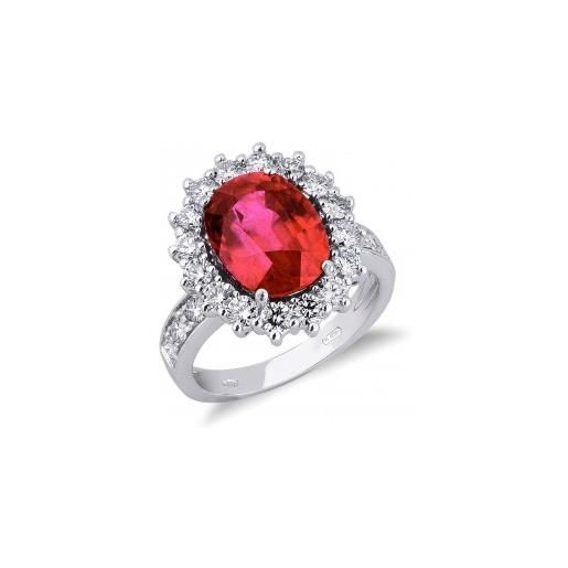 Gioielli di Valenza anello modello a contorno in oro bianco 18k con rubino centrale e diamanti. 