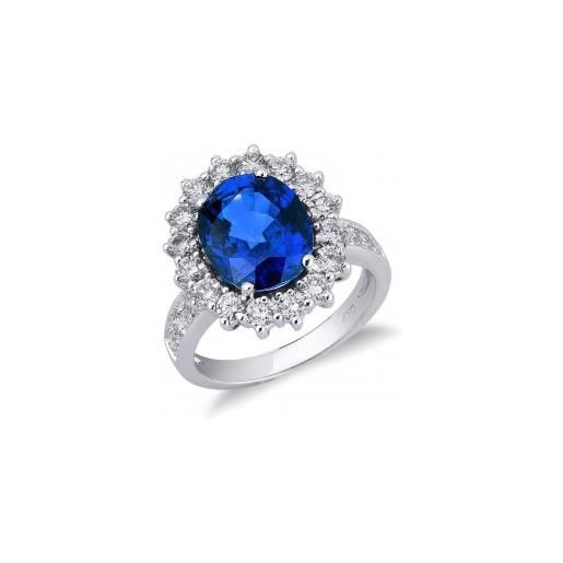 Gioielli di Valenza anello modello a contorno in oro bianco 18k con diamanti e zaffiro blu. 