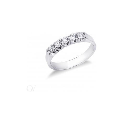 Gioielli di Valenza anello veretta a 5 pietre in oro bianco 18k con diamanti, 0,40 ct