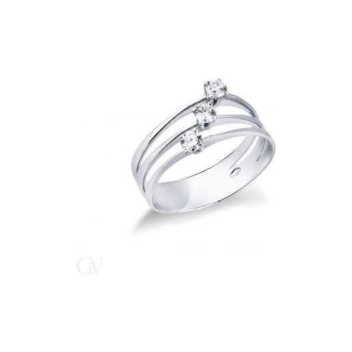 Gioielli di Valenza anello in oro bianco 18k trilogy a 3 fasce con diamanti, ct 0,30