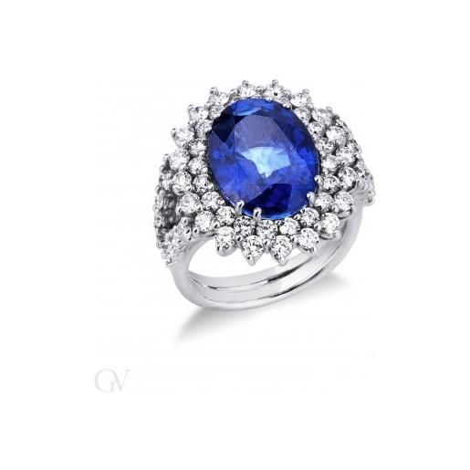 Gioielli di Valenza anello a doppio contorno in oro bianco 18k con diamanti e zaffiro blu