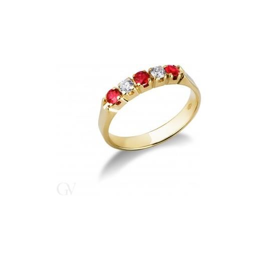 Gioielli di Valenza anello veretta a 5 pietre in oro giallo 18k con diamanti e rubini
