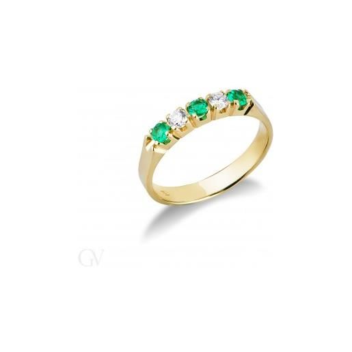 Gioielli di Valenza anello veretta a 5 pietre in oro giallo 18k con diamanti e smeraldi. 