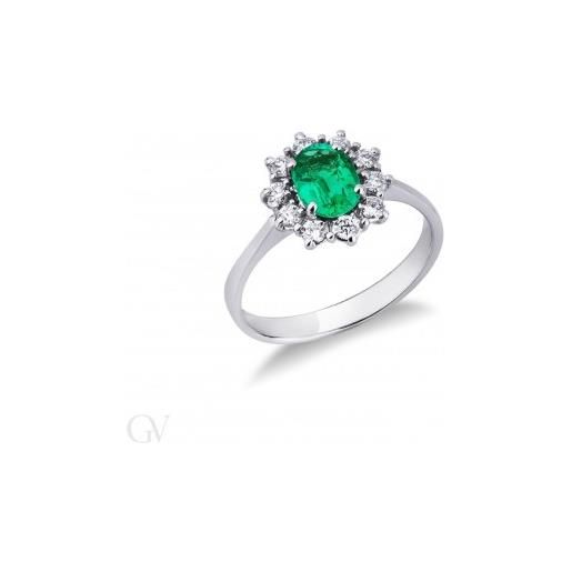 Gioielli di Valenza anello in oro bianco 18k con diamanti a contorno e smeraldo