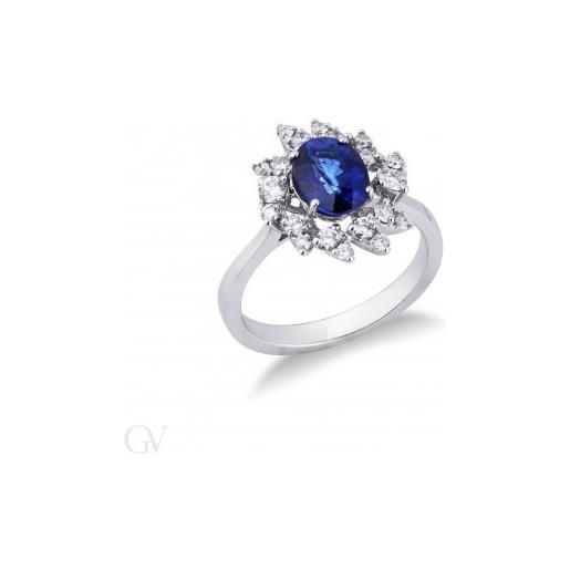 Gioielli di Valenza anello con contorno a elica in oro bianco 18k con diamanti e zaffiro blu