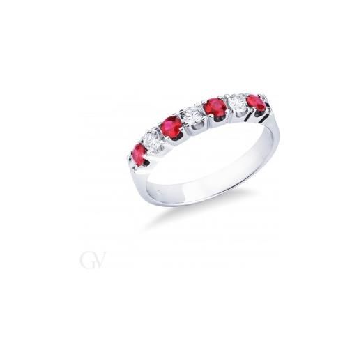 Gioielli di Valenza anello veretta a 7 pietre in oro bianco 18k con diamanti e rubini