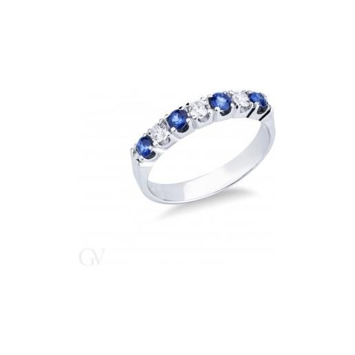 Gioielli di Valenza anello veretta a 7 pietre in oro bianco 18k con diamanti e zaffiri blu