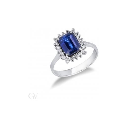 Gioielli di Valenza anello modello contorno in oro bianco 18k con diamanti e zaffiro blu