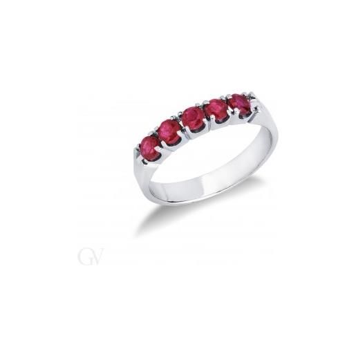 Gioielli di Valenza anello veretta a 5 pietre in oro bianco 18k con rubini
