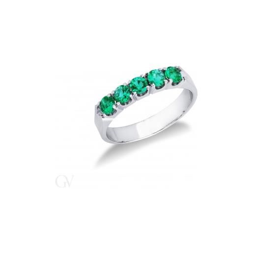 Gioielli di Valenza anello veretta a 5 pietre in oro bianco 18k con smeraldi. 