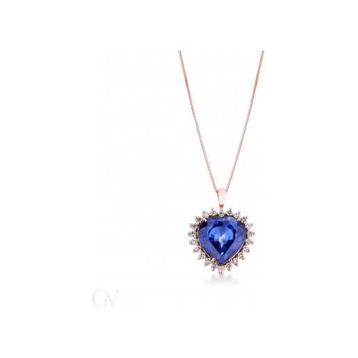 Gioielli di Valenza collana in oro rosa 18k con zaffiro blu taglio cuore e contorno di diamanti