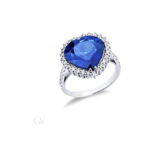 Gioielli di Valenza anello a contorno in oro bianco 18k con zaffiro blu e diamanti