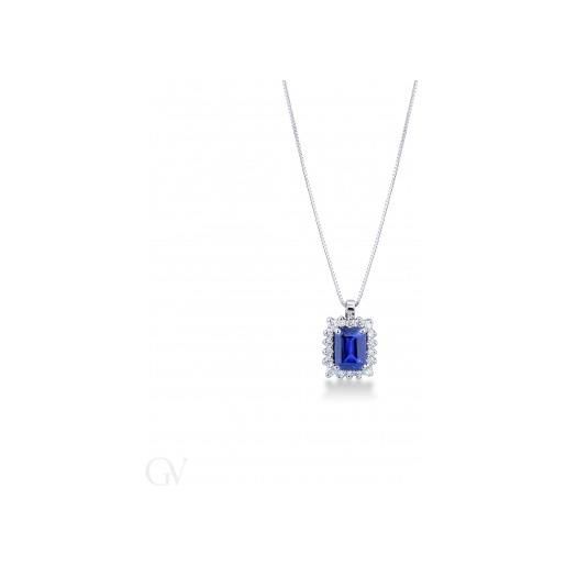 Gioielli di Valenza collana in oro bianco 18k con diamanti e zaffiro blu rettangolare