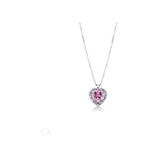 Gioielli di Valenza collana in oro bianco 18k con ciondolo a cuore con zaffiro rosa e contorno in diamanti
