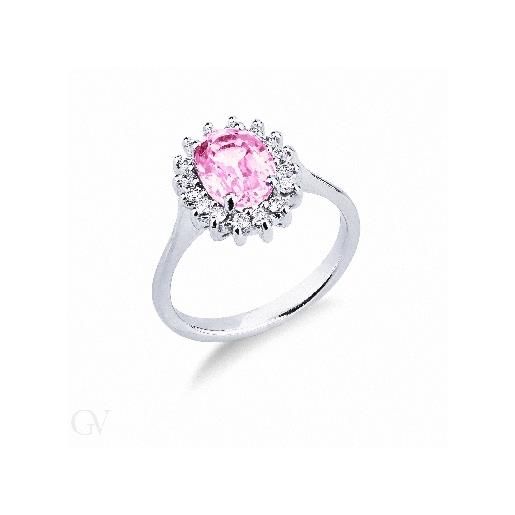 Gioielli di Valenza anello contorno in oro bianco 18k con zaffiro rosa ovale e diamanti