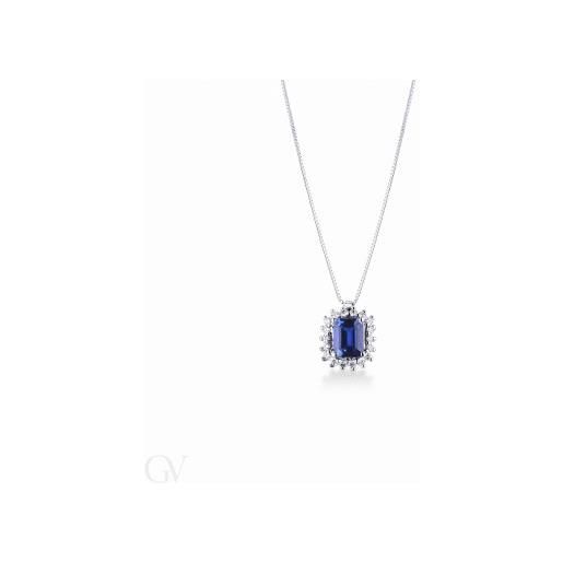Gioielli di Valenza collana in oro bianco 18k con pendente in zaffiro blu e diamanti