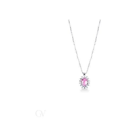 Gioielli di Valenza collana in oro bianco 18k e ciondolo con zaffiro rosa e diamanti