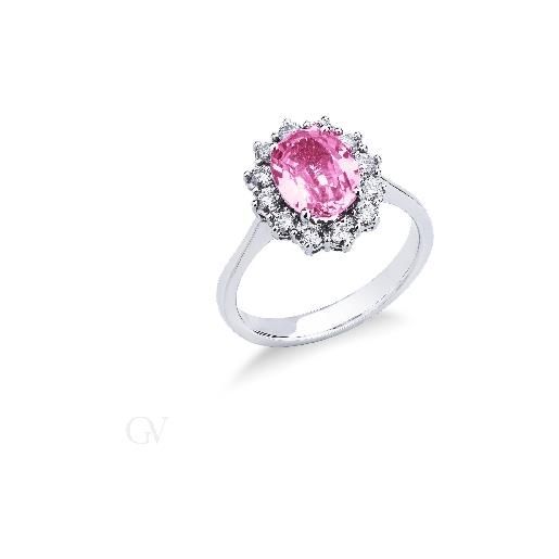 Gioielli di Valenza anello in oro bianco 18k con zaffiro rosa e contorno in diamanti. 