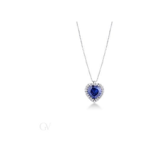 Gioielli di Valenza collana in oro bianco 18k con pendente a cuore in diamanti e zaffiro blu