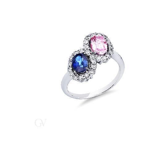 Gioielli di Valenza anello in oro bianco 18k con 2 contorni di zaffiro rosa e blu e diamanti