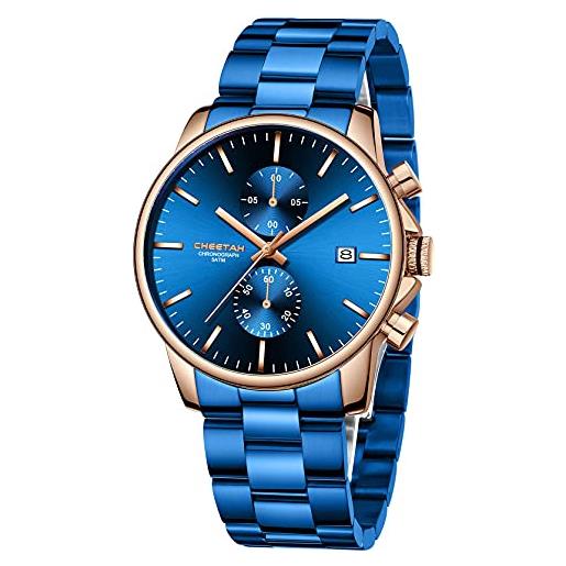 Affute orologi da uomo in acciaio inox e metallo, stile casual, impermeabile, cronografo al quarzo, data automatica, lancette colorate - blu oro rosa