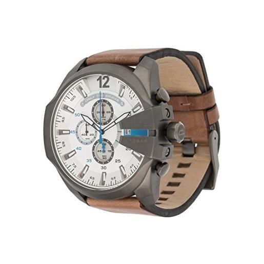 Diesel orologio mega chief da uomo, movimento cronografo al quarzo, cassa in acciaio inossidabile canna di fucile da 59 mm con cinturino in pelle, dz4280